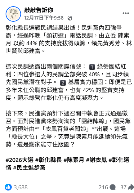 粉專「敲敲告訴你」發布民進黨彰化縣長初選文章。&nbsp;&nbsp;&nbsp;圖：翻攝自臉書文章