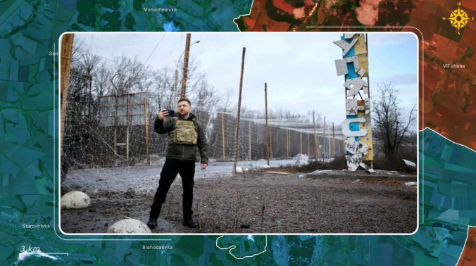 烏克蘭總統澤連斯基先前赴庫皮揚斯克視察並拍攝外景，其舉動也成為戰場現實對俄軍宣傳的有力回應。&nbsp;&nbsp;&nbsp;圖:翻攝自墨甲戰刃