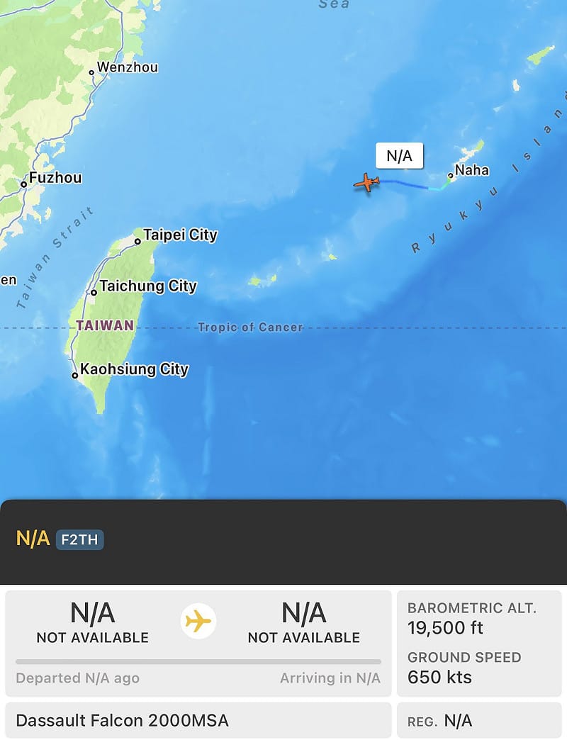 一架隸屬日本海上保安廳的達梭獵鷹 2000MSA 海上監視機,已自沖繩那霸基地起飛,朝台灣西南方向飛行。 圖:翻攝自X帳號@sentdefender 一架隸屬日本海上保安廳的達梭獵鷹 2000MSA 海上監視機,已自沖繩那霸基地起飛,朝台灣西南方向飛行。 圖:翻攝自X帳號@sentdefender