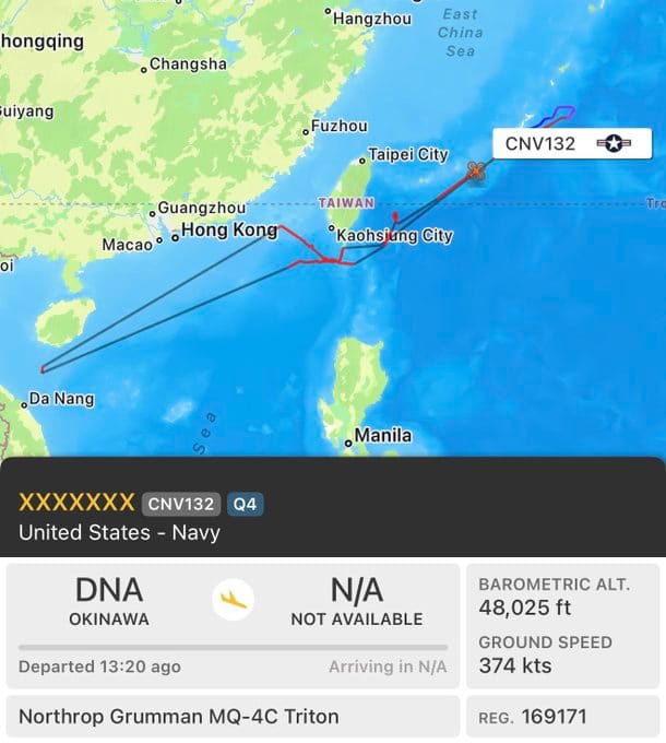 另有一架美國海軍 MQ-4C「海神」高空偵察無人機,在中國南部沿海與台灣周邊執行數小時巡航後,返回日本沖繩嘉手納空軍基地,顯示美日已密切監控共軍動態。 圖:翻攝自X帳號@sentdefender 另有一架美國海軍 MQ-4C「海神」高空偵察無人機,在中國南部沿海與台灣周邊執行數小時巡航後,返回日本沖繩嘉手納空軍基地,顯示美日已密切監控共軍動態。 圖:翻攝自X帳號@sentdefender