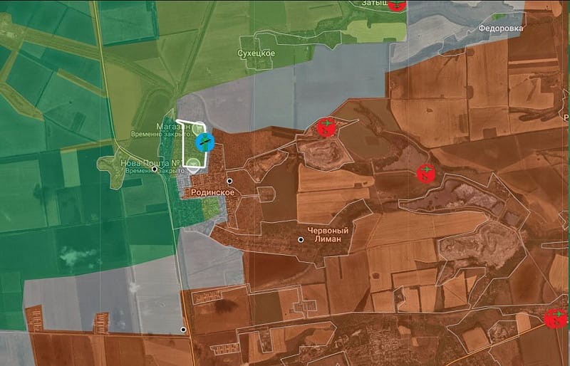烏克蘭軍隊在頓涅茨克地區羅丁斯克持續推進，綠色區域顯示烏軍控制區，紅箭頭標示激烈交戰前線。&nbsp;&nbsp;&nbsp;圖：翻攝自 X @raging545
