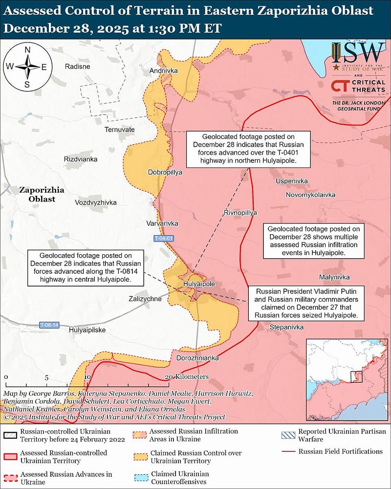 兩軍正在爭奪胡利亞伊波萊控制權。圖:翻攝自 X《Institute for the Study of War》 兩軍正在爭奪胡利亞伊波萊控制權。圖:翻攝自 X《Institute for the Study of War》