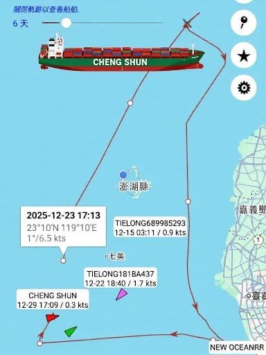 近日有兩艘貨輪在澎湖附近海域並行，其中一艘登記國籍為西非獅子山共和國的貨輪「CHENG SHUN（成順輪）」，過去一週航行路徑出現異常，曾繞行澎湖群島一圈，航跡幾乎包覆澎湖本島及望安、七美等離島。&nbsp;&nbsp;&nbsp;圖：翻攝自 X 新‧二七部隊 軍事雜談 (New 27 Brigade)