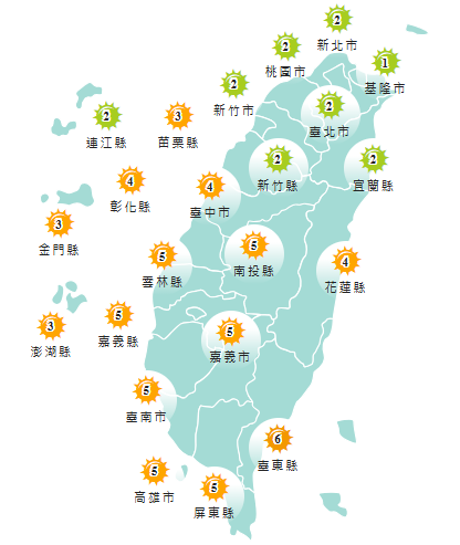 氣象署發布各地紫外線指數預報概況。&nbsp;&nbsp;&nbsp;圖：氣象署提供