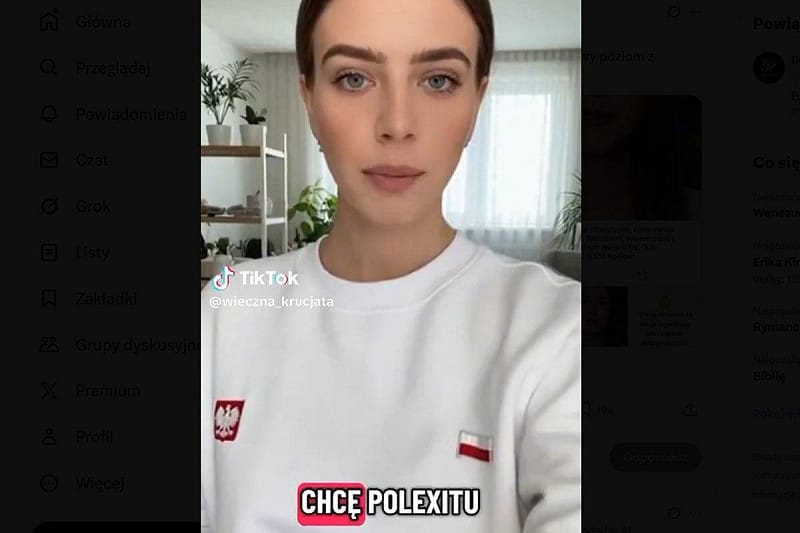  近期 TikTok 上出現一個年輕女性身穿波蘭國旗色系服裝，公開呼籲波蘭脫離歐盟。 圖：翻攝自 X 