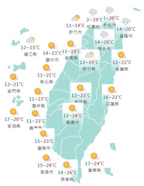 氣象署公布各地天氣預報概況。&nbsp;&nbsp;&nbsp;圖：氣象署提供