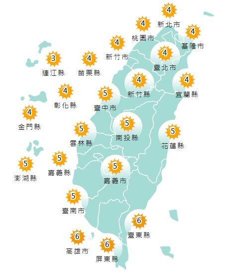 氣象署發布各地紫外線指數預報概況。&nbsp;&nbsp;&nbsp;圖：氣象署提供