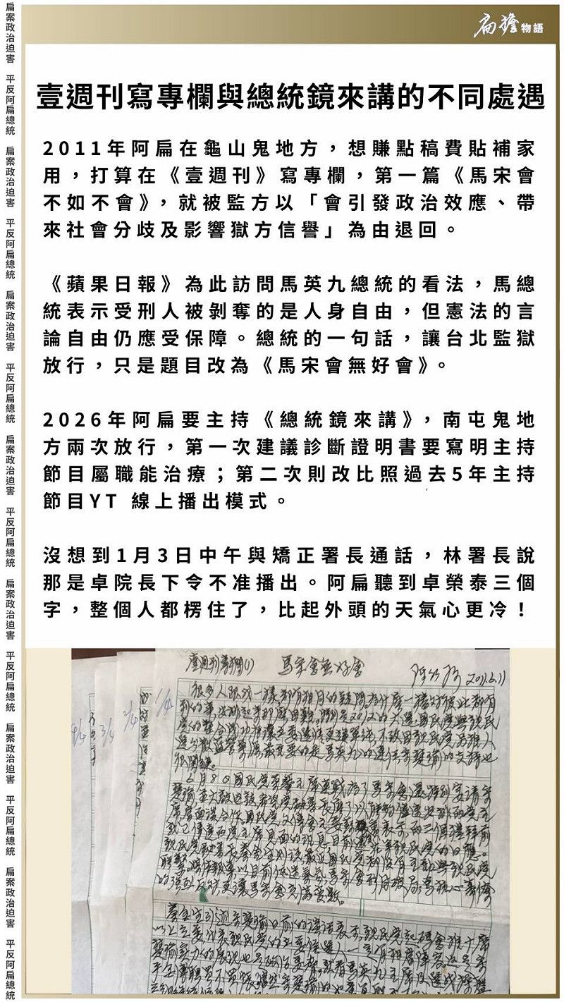  陳水扁說，他聽到卓榮泰三個字，整個人都楞住了，比起外頭的天氣心更冷。 圖：陳水扁提供 