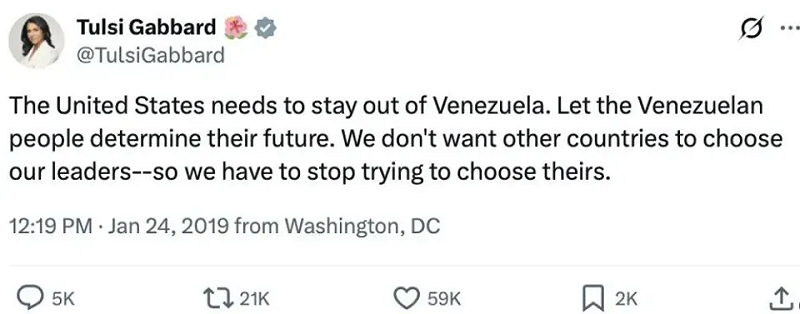  加巴德曾直言：「我們不希望別國替我們挑選領導人，就不該去替別國挑選領導人」。 圖：翻攝自 X 