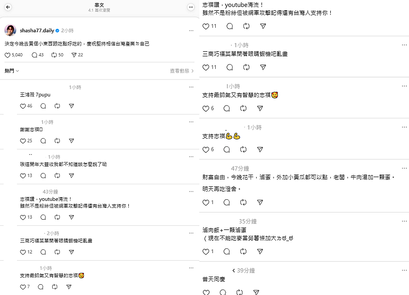 志祺七七的貼文吸引不少網友支持，「普天同慶」、「志祺讚，YouTube清流！」，該貼文2個小時已超過4萬瀏覽。&nbsp;&nbsp;&nbsp;圖：翻攝自志祺七七Threads