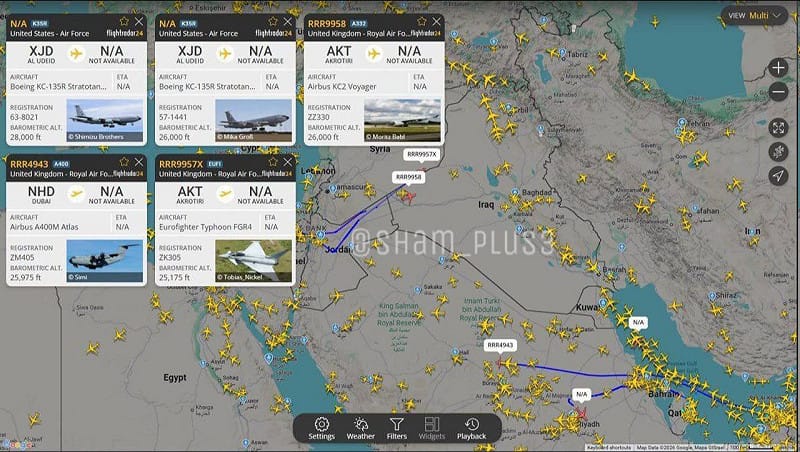  整個中東地區的軍事武器正在進行「大規模」變動，大量的燃油補給車隊、軍用運輸機以及戰鬥機群正在頻繁移防。 圖：翻攝自 X 