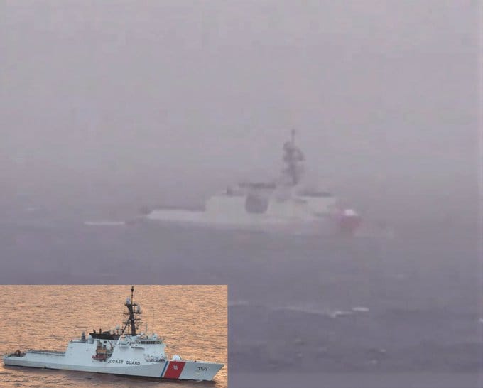 與此同時，美國也持續追捕逃向大西洋的俄羅斯影子艦隊油輪，並計畫與盟友合作，共同發起針對該艘船艦的登船行動。圖為追擊俄羅斯油輪的美國「傳奇級」巡邏艦。&nbsp;&nbsp;&nbsp;圖：翻攝自 @Osinttechnical X 帳號