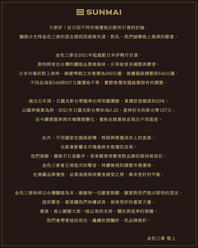 金色三麥官方聲明稱，過去5年間，日幣貶值幅度約23％，2021年上架初期日幣兌換台幣的匯率為0.25，折合台幣約137元，但隨著日幣貶值，才會出現價格在兌換之後的落差。&nbsp;&nbsp;&nbsp;圖：翻攝自金色三麥董事長葉冠廷Threads