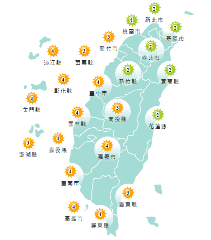 氣象署發布各地紫外線指數預報概況。&nbsp;&nbsp;&nbsp;圖：氣象署提供