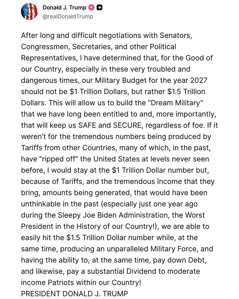 美國總統川普7日在社群媒體「Truth Social」公開提議，2027財政年度國防預算應大幅提高至1.5兆美元。&nbsp;&nbsp;&nbsp;圖：翻攝「X」@EricLDaugh