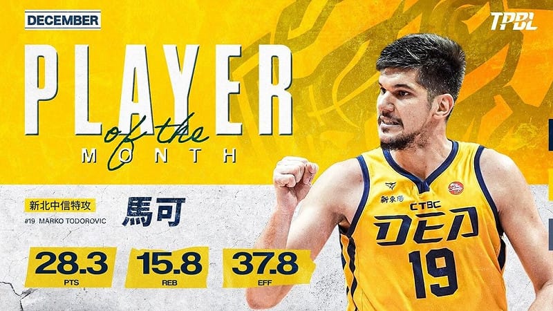 台灣職業籃球大聯盟（TPBL）8日公布去年12月最佳外援，由新北中信特攻隊洋將馬可獲獎。（TPBL提供）中央社記者黎建忠傳真　115年1月8日&nbsp;&nbsp;&nbsp;