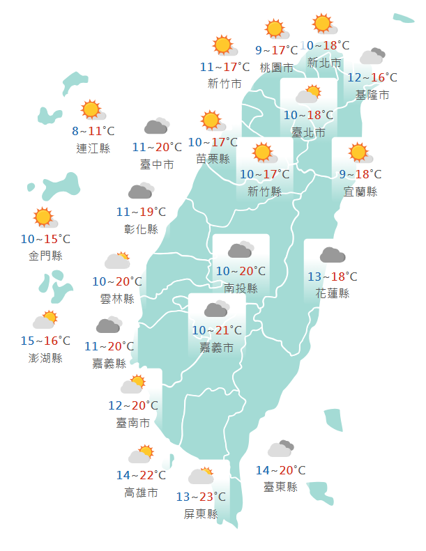 氣象署公布各地天氣預報概況。&nbsp;&nbsp;&nbsp;圖：氣象署提供