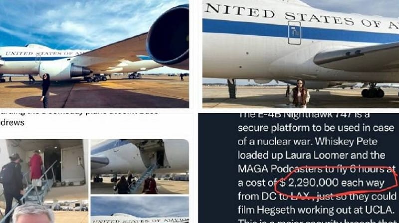  美國(戰爭)國防部長海格塞斯帶領川粉登上末日專機守夜者飛行，花掉納稅人500萬美元，引發特權質疑。 圖 : 翻攝自 X / 方舟子 