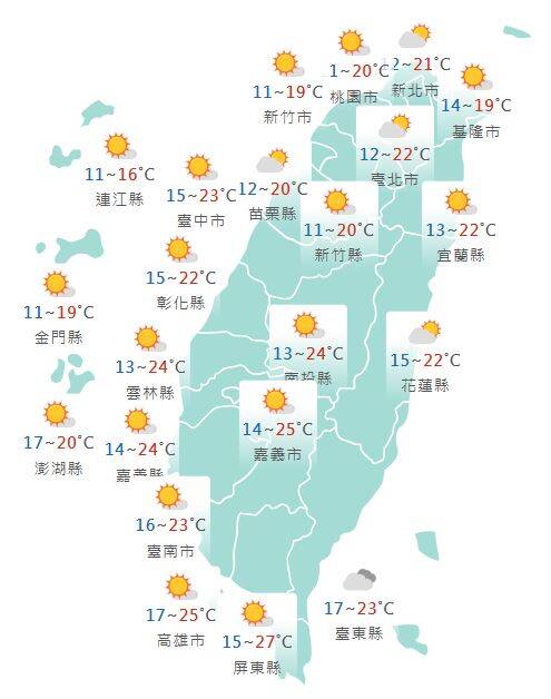 氣象署公布各地天氣預報概況。&nbsp;&nbsp;&nbsp;圖：氣象署提供