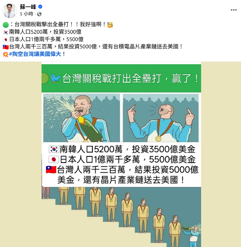 針對台美關稅15%的確定，胸腔名醫蘇一峰在臉書上質疑這根本是「掏空台灣讓美國偉大！」&nbsp;&nbsp;&nbsp;圖：翻攝自蘇一峰臉書