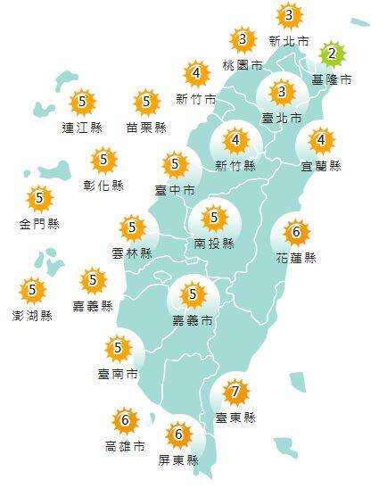 氣象署發布各地紫外線指數預報概況。&nbsp;&nbsp;&nbsp;圖：氣象署提供