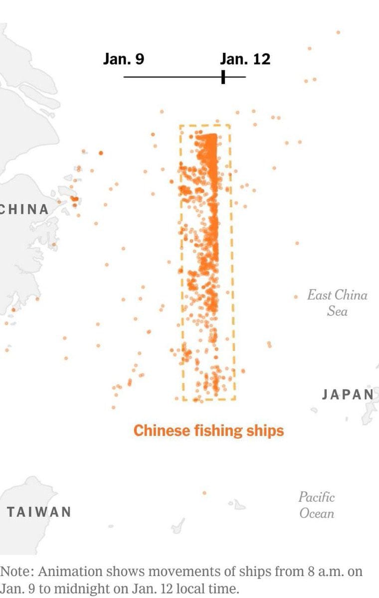 今年 1 月中旬，又有約 1,400 艘漁船於相同海域集結，這次改以矩形陣型排列，綿延超過 320 公里。 圖:翻攝自X帳號@cuichenghao7