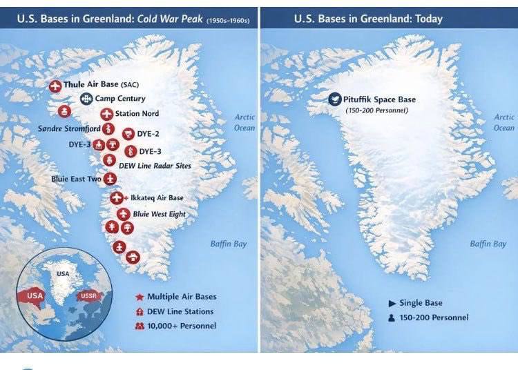 冷戰時期和當今美國在格陵蘭島的軍事基地。&nbsp;&nbsp;&nbsp;圖:翻攝自X帳號@TTheBattlefield