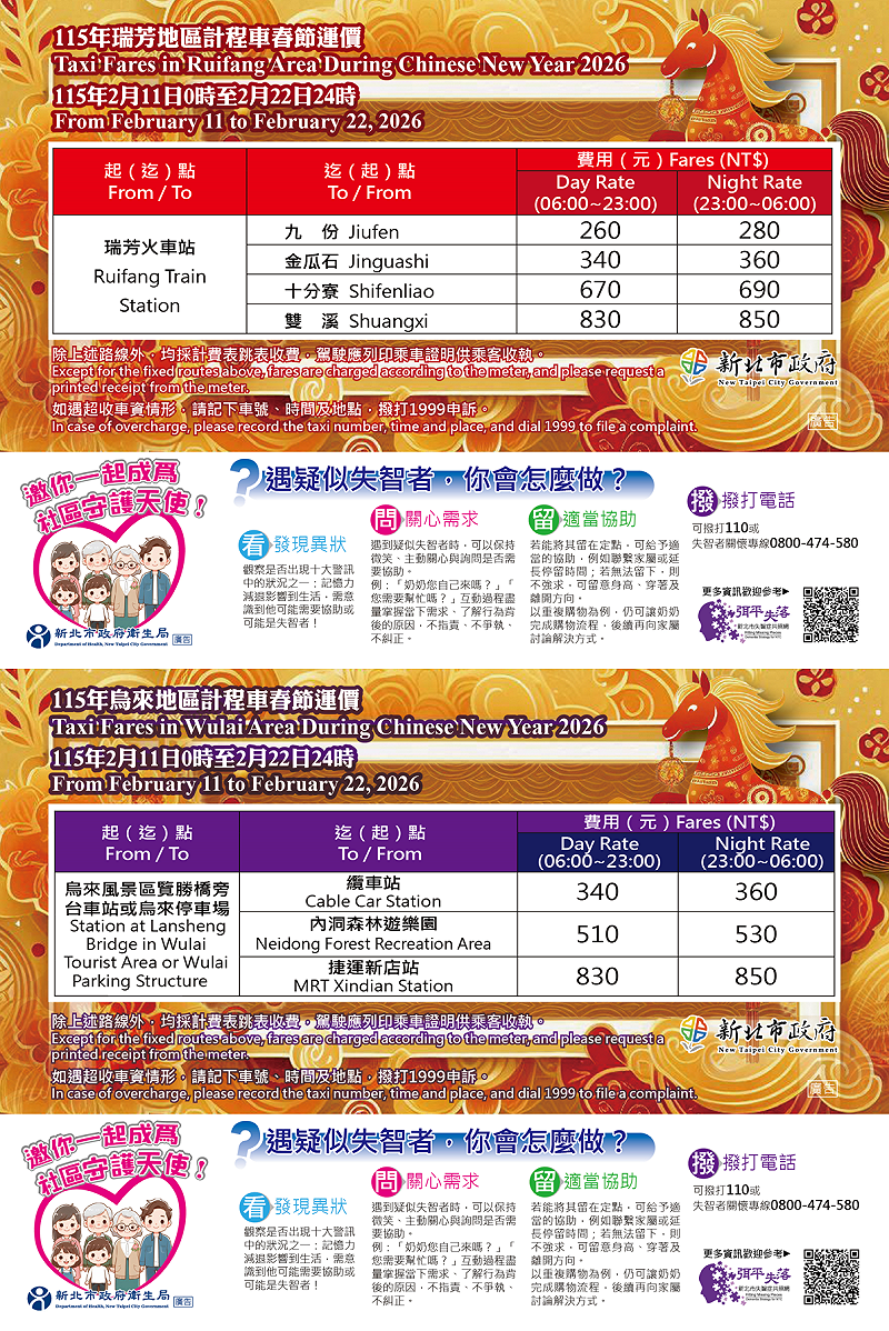 115年烏來、瑞芳計程車春節運價。&nbsp;&nbsp;&nbsp;圖：新北市政府交通局／提供