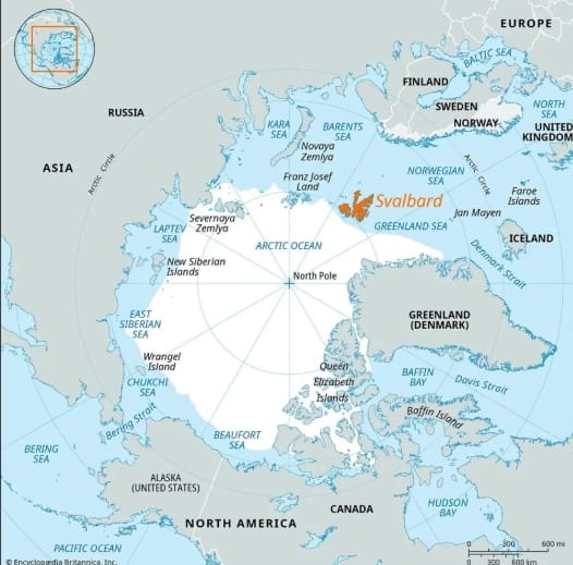  冷岸群島(斯瓦爾巴群島)(橙色部分)地理位置圖。 圖 : 翻攝自觀察者網 