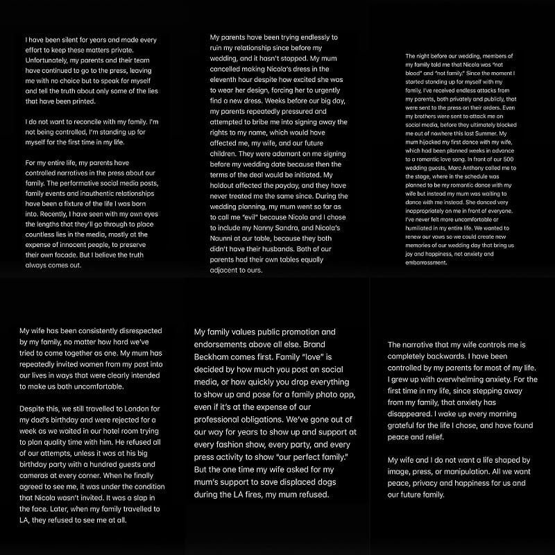 布魯克林貝克漢突發出長文，指控「父母在社交媒體上作秀、舉辦虛假的家庭活動」、「妻子被母親羞辱」等。&nbsp;&nbsp;&nbsp;圖：翻攝自布魯克林IG