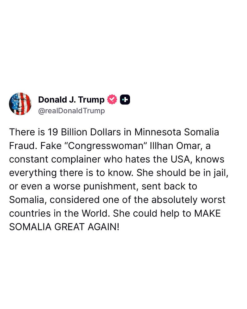  川普在聲明中猛烈抨擊奧馬爾是「討厭美國、愛抱怨的虛假國會議員」。 圖：翻攝自 X 