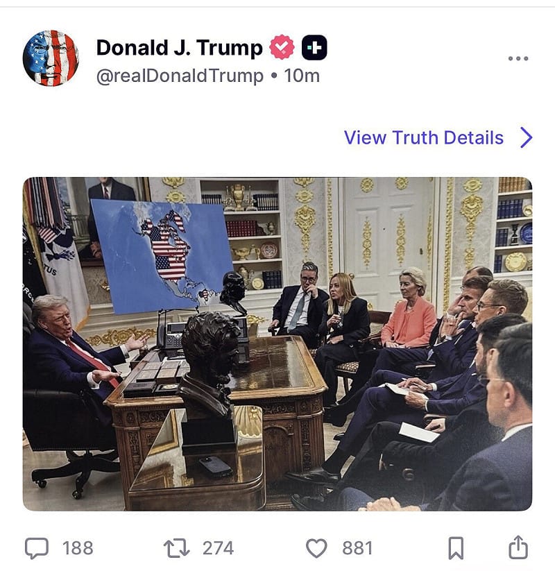 在呂特試圖說服丹麥的同時，川普也發布一張與「美國領土」有關的照片，進一步加劇了歐洲國家的反對情緒。 圖：翻攝自 @rainbow78521 X 帳號 