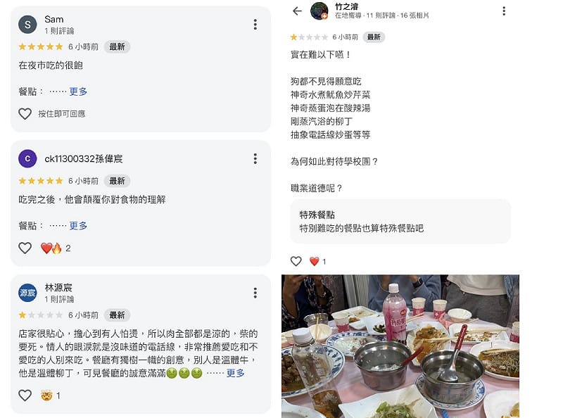 學生不滿餐廳至店家Google評論留言負評並發文反諷。&nbsp;&nbsp;&nbsp;圖：翻攝自Google地圖