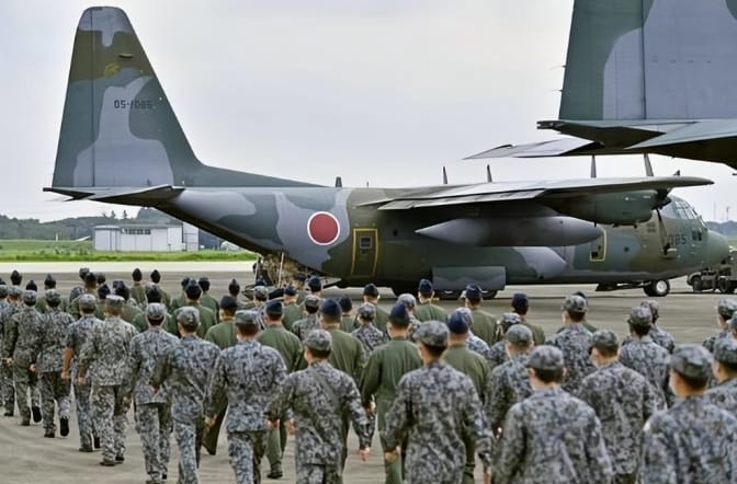 日本自衛隊登上運輸機。&nbsp;&nbsp;&nbsp;圖 : 翻攝自矚望雲霄