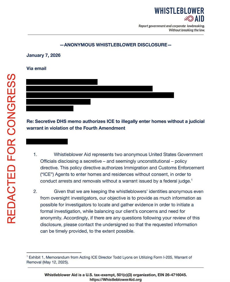 1 月 7 日檢舉人指出,ICE 去年 5 月的「秘密行政令」有違第四修正案。 圖:翻攝自 X 1 月 7 日檢舉人指出,ICE 去年 5 月的「秘密行政令」有違第四修正案。 圖:翻攝自 X