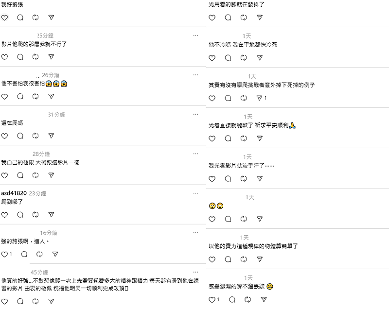 影片中霍諾德看起來游刃有餘，倒是底下得網友看得膽戰心驚，直呼「他不害怕我很害怕」、「我光看影片就流手汗了」、「我好緊張」、「光看直接就腿軟了」。&nbsp;&nbsp;&nbsp;圖：取自 Threads