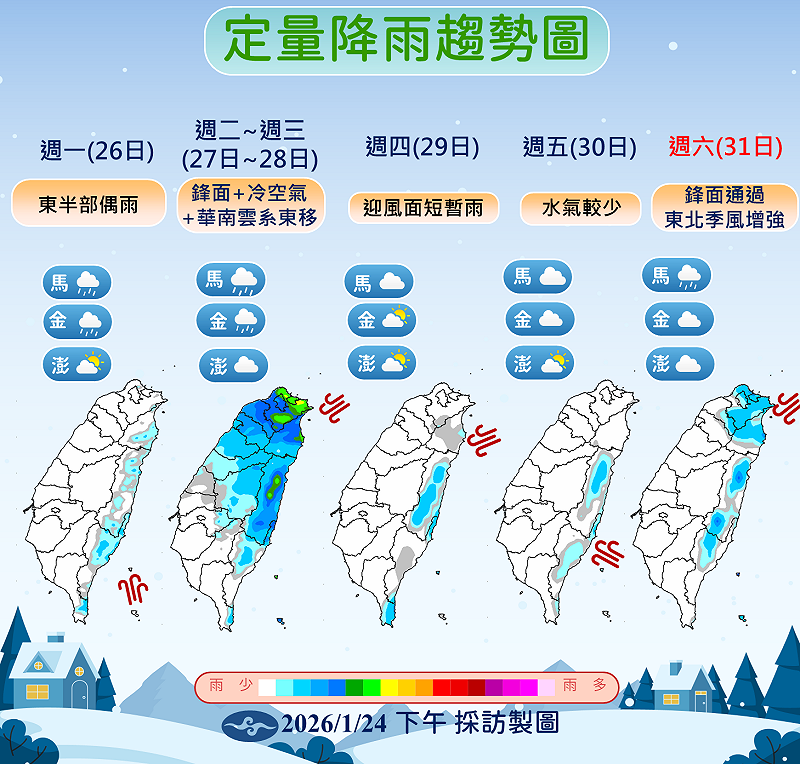 氣象署說週二鋒面冷氣團到，轉偏濕冷，降雨增至週四，週日及二三高山或有零星飄雪。&nbsp;&nbsp;&nbsp;圖：氣象署／提供