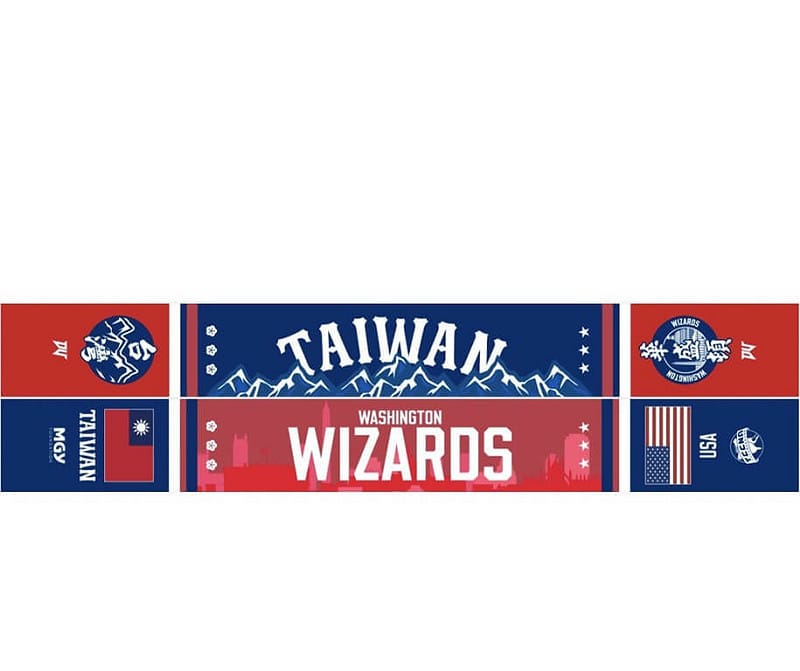 美國職籃NBA巫師隊「台灣之夜」將於2月20日在華府登場，協力推廣的MGY也製作運動圍巾送給購票民眾，上面寫有「台灣」的中英文字樣，並印有台灣及美國國旗，此為圍巾設計圖。 &nbsp;&nbsp;&nbsp;圖/中央社（MGY提供）  