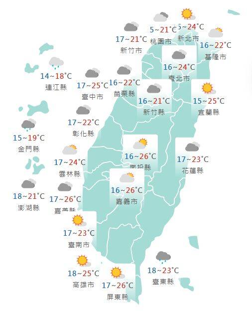氣象署公布各地天氣預報概況。&nbsp;&nbsp;&nbsp;圖：氣象署提供