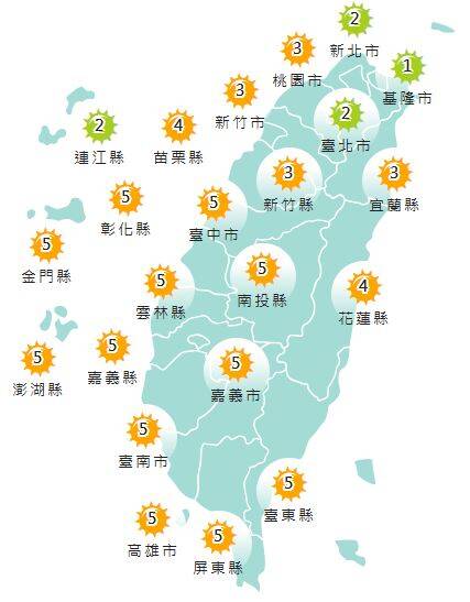 氣象署發布各地紫外線指數預報概況。&nbsp;&nbsp;&nbsp;圖：氣象署提供