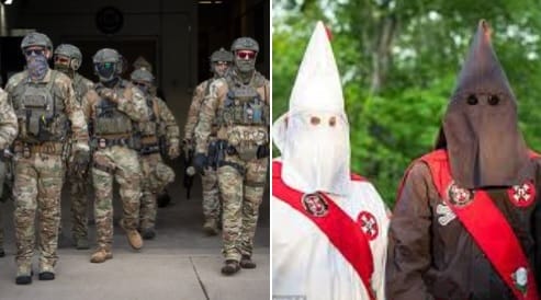 有網友諷刺地表示，「蒙面執法」的 ICE 特工與當年主張種族主義的「三 K 黨」別無二致。&nbsp;&nbsp;&nbsp;圖：翻攝自 @maitian99 X 帳號