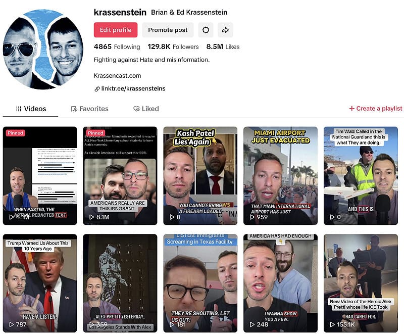 美國政治評論帳號 Brian Krassenstein 表示，自 TikTok 在24小時前完成交易、由美國總統川普的盟友接手後，政治類貼文的觸及率遭到大幅限制。 圖:翻攝自X帳號@krassenstein