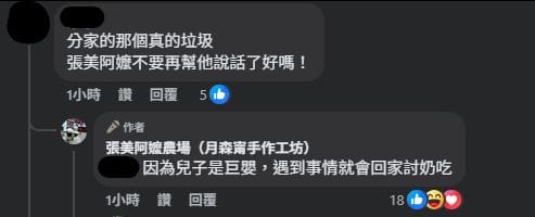 張美阿嬤農場聲明引大量網友留言，粉專更直接留言「兒子是巨嬰」。&nbsp;&nbsp;&nbsp;圖：翻攝自臉書