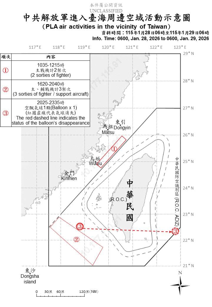 國防部公布中共解放軍臺海周邊海、空域活動示意圖。&nbsp;&nbsp;&nbsp;圖：國防部提供