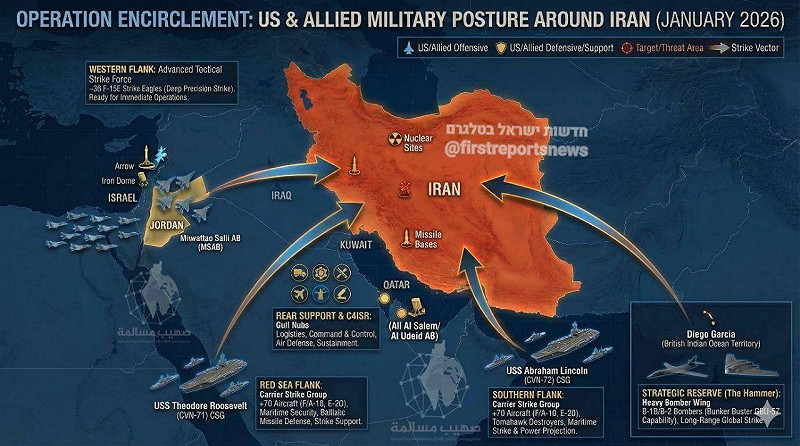 圖中顯示美軍與盟國自以色列、約旦、波斯灣、紅海與印度洋方向對伊朗形成多軸軍事壓力，部署航母打擊群、戰略轟炸機與空軍基地。&nbsp;&nbsp;&nbsp;圖：翻攝自 X Frontalforce 