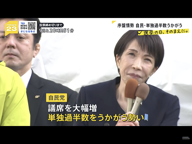 連對高市不大捧場的TBS系的JNN序盤戰民調都顯示自民黨議席會大增，可望單獨過半。 圖：攝自TBS電視 