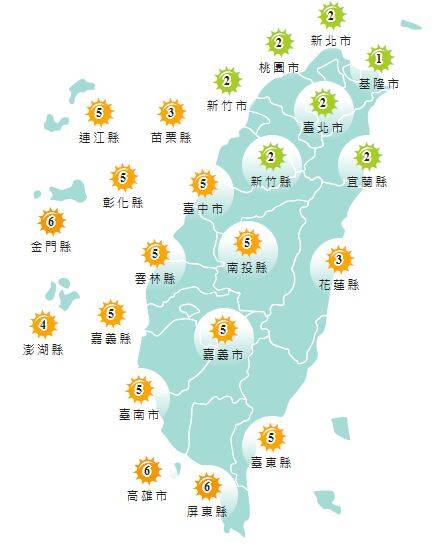 氣象署發布各地紫外線指數預報概況。&nbsp;&nbsp;&nbsp;圖：氣象署提供