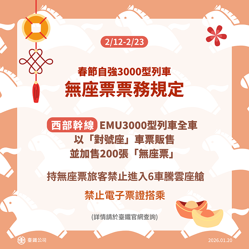 自強3000型列車無座票規定。&nbsp;&nbsp;&nbsp;圖：台鐵公司/提供