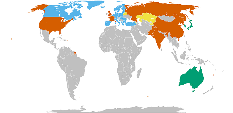 日本現在處於美國核保護傘下，但周邊的中俄朝鮮均有核武&nbsp;&nbsp;&nbsp;圖：取自維基百科　By Jacy Ensley - Own work, CC0