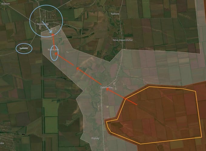 烏軍陸續收回扎波羅熱地區三個市鎮的控制權。有網友分析認為，俄軍可能會從多布羅皮利亞、普里盧基等地區(橘色區域)發起新一波的攻勢，盡可能的占領烏克蘭領土。&nbsp;&nbsp;&nbsp;圖：翻攝自 @Playfra0 X 帳號